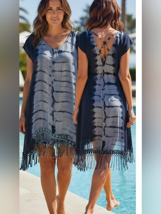 blue island Other - Blue Island - NWOT Hi/Lo Tie-Dye Beach Dress W/Crochet Fringe, Criss Cross Back